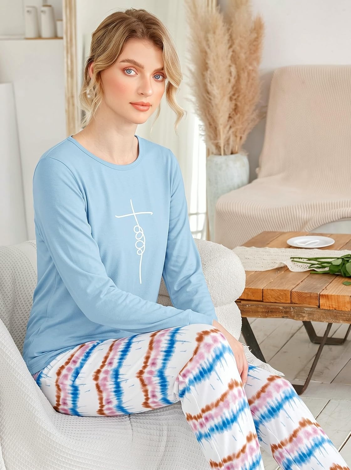 image:imageEkouaer Womens Jogger Pajama Sets Long Sleeve Sleepwear Lounge Sets XSXXLOmbre Blue