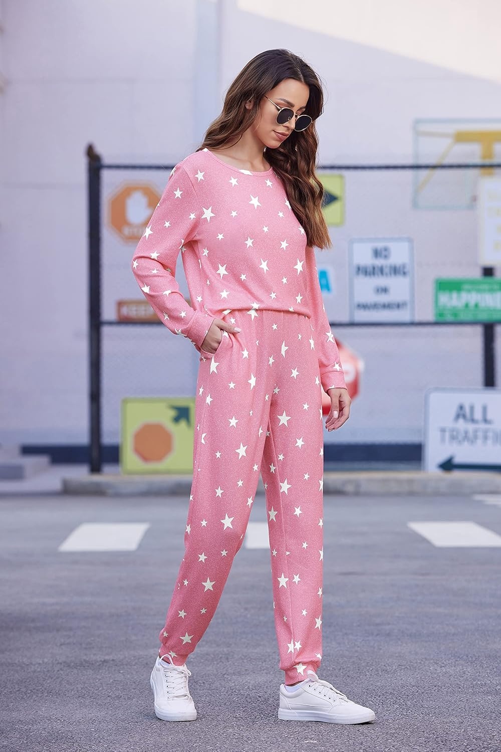 image:imageEkouaer Womens Jogger Pajama Sets Long Sleeve Sleepwear Lounge Sets XSXXLPink White Star