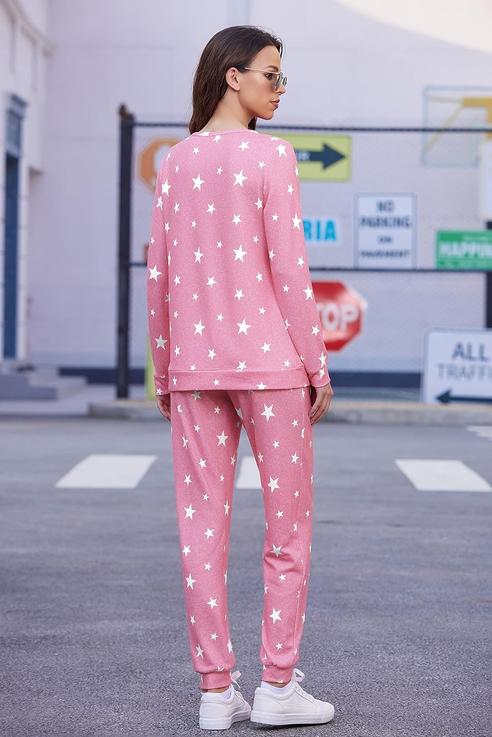 image:imageEkouaer Womens Jogger Pajama Sets Long Sleeve Sleepwear Lounge Sets XSXXLPink White Star