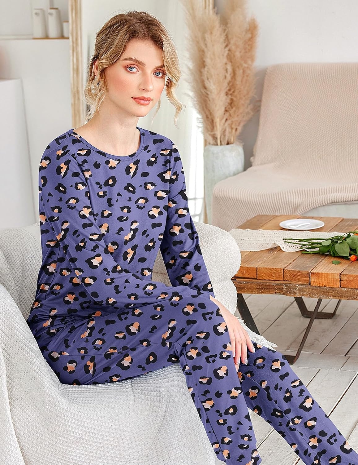 image:imageEkouaer Womens Jogger Pajama Sets Long Sleeve Sleepwear Lounge Sets XSXXLPurple Leopard