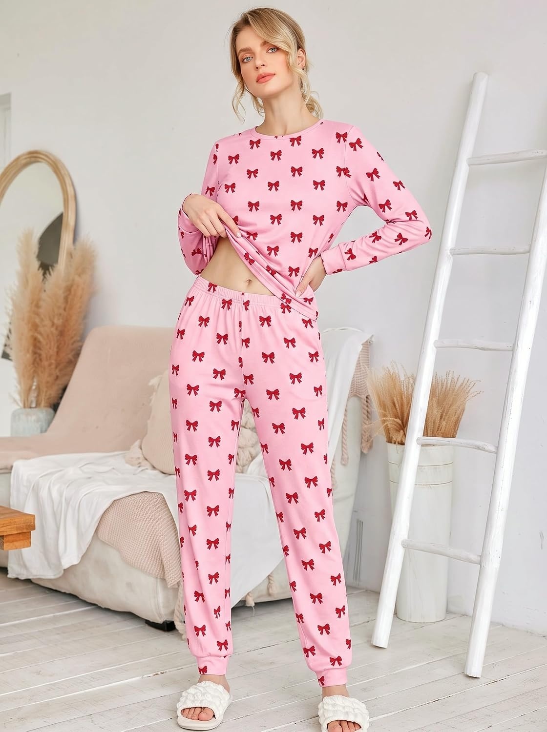 image:imageEkouaer Womens Jogger Pajama Sets Long Sleeve Sleepwear Lounge Sets XSXXLRed Bow Print