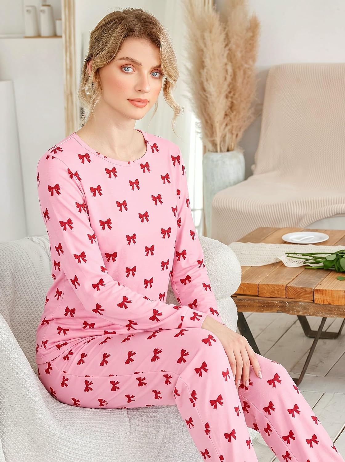 image:imageEkouaer Womens Jogger Pajama Sets Long Sleeve Sleepwear Lounge Sets XSXXLRed Bow Print