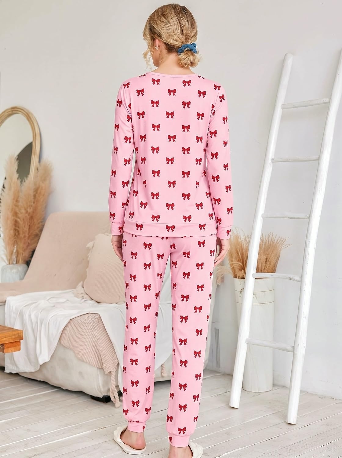 image:imageEkouaer Womens Jogger Pajama Sets Long Sleeve Sleepwear Lounge Sets XSXXLRed Bow Print