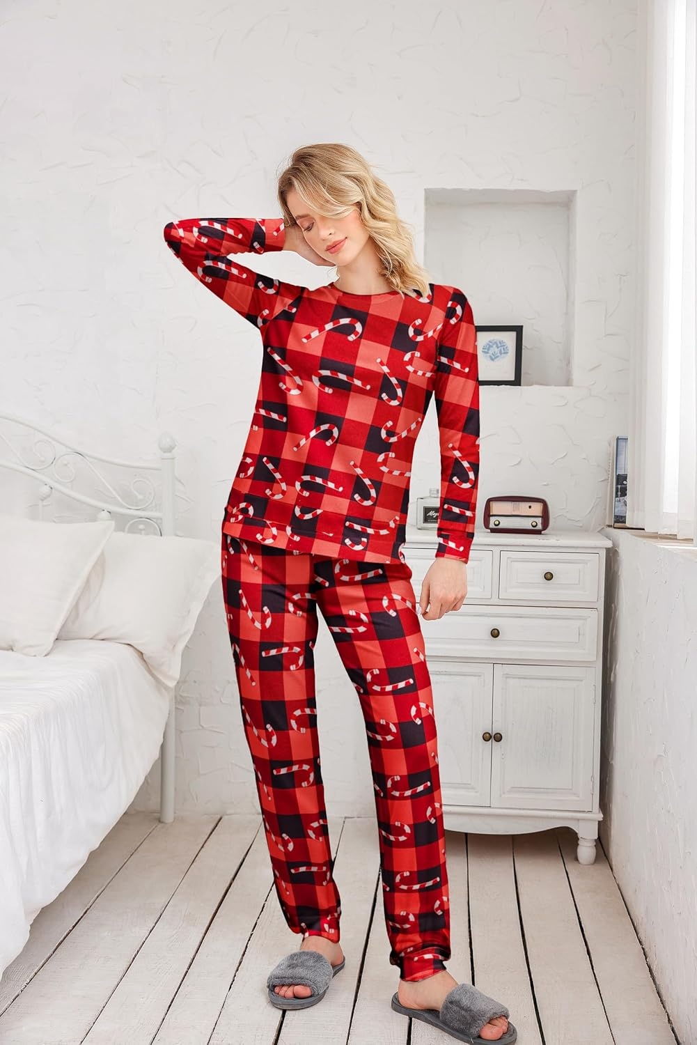 image:imageEkouaer Womens Jogger Pajama Sets Long Sleeve Sleepwear Lounge Sets XSXXLRed Plaid Snowflake