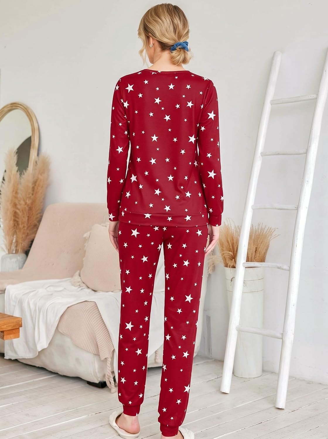 image:imageEkouaer Womens Jogger Pajama Sets Long Sleeve Sleepwear Lounge Sets XSXXLRed Star