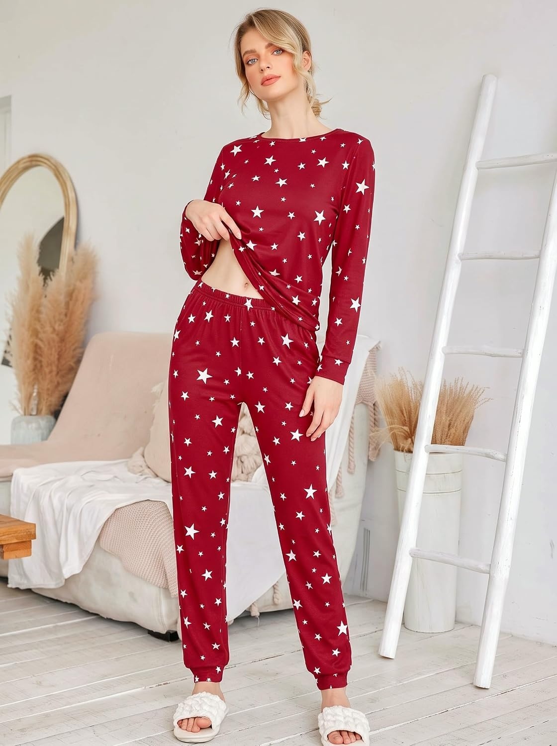 image:imageEkouaer Womens Jogger Pajama Sets Long Sleeve Sleepwear Lounge Sets XSXXLRed Star