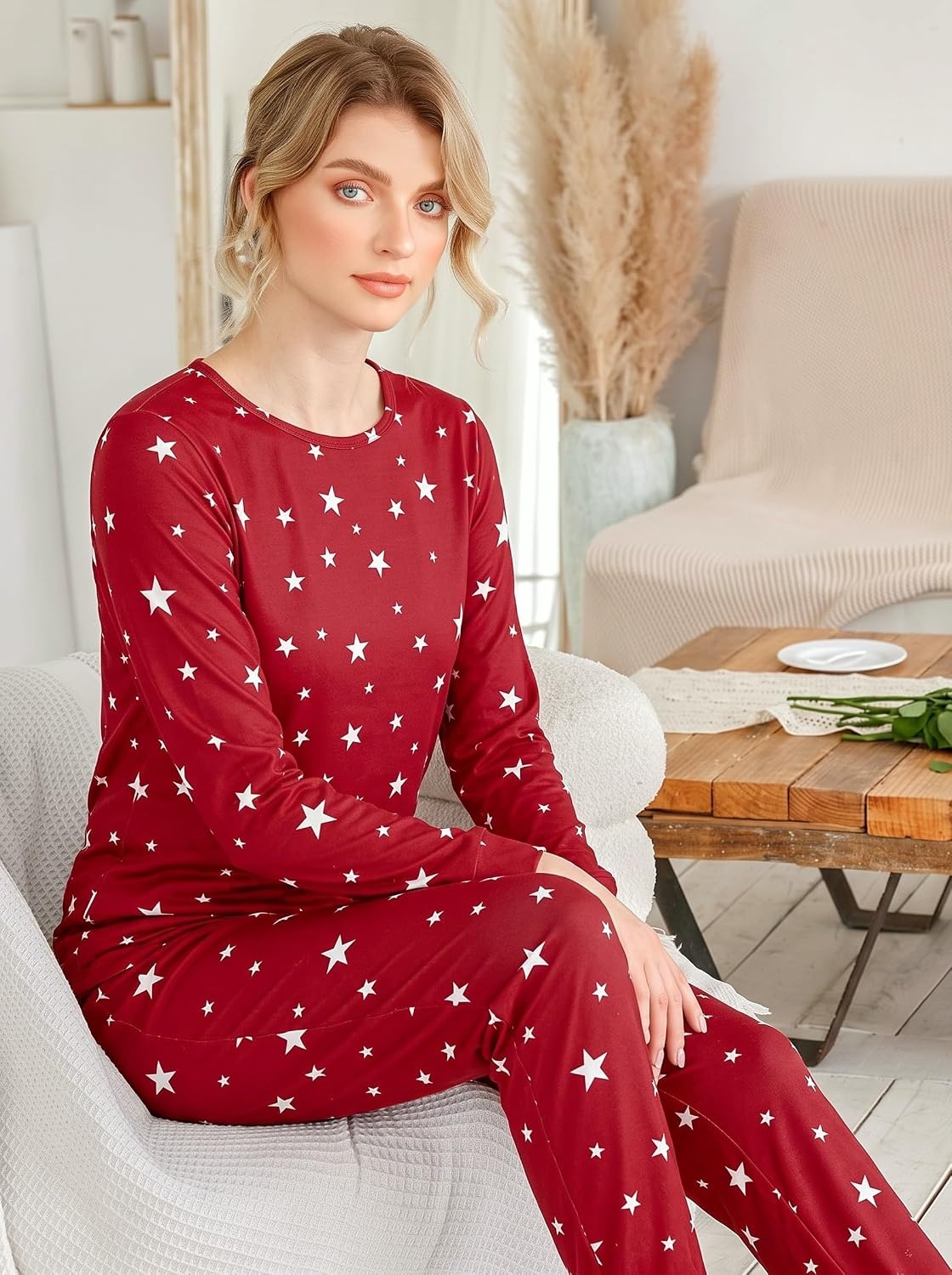 image:imageEkouaer Womens Jogger Pajama Sets Long Sleeve Sleepwear Lounge Sets XSXXLRed Star
