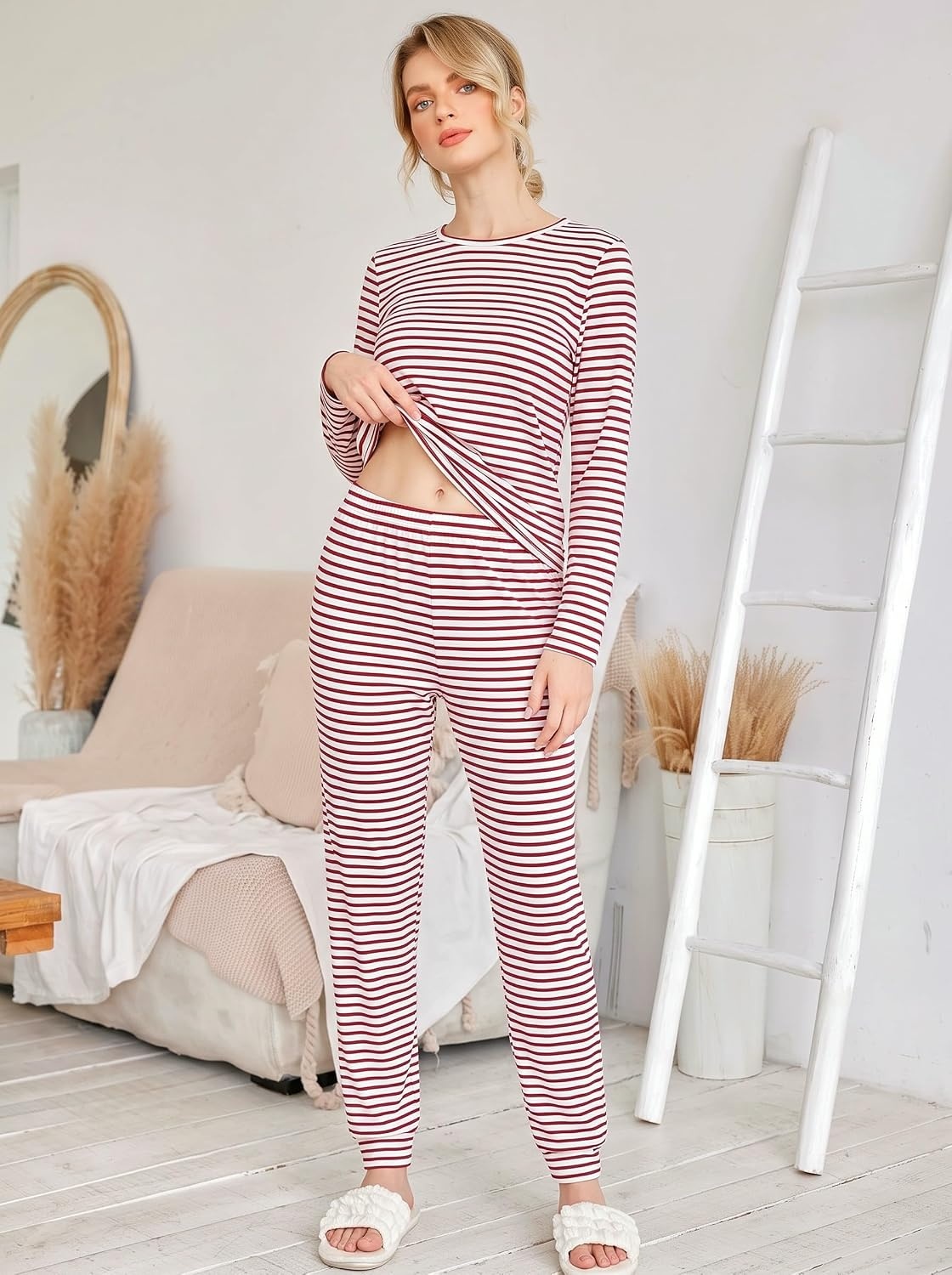 image:imageEkouaer Womens Jogger Pajama Sets Long Sleeve Sleepwear Lounge Sets XSXXLRed Stripes