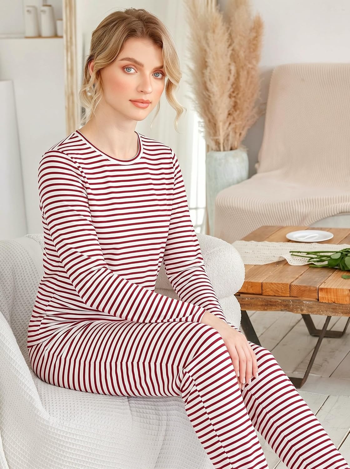 image:imageEkouaer Womens Jogger Pajama Sets Long Sleeve Sleepwear Lounge Sets XSXXLRed Stripes