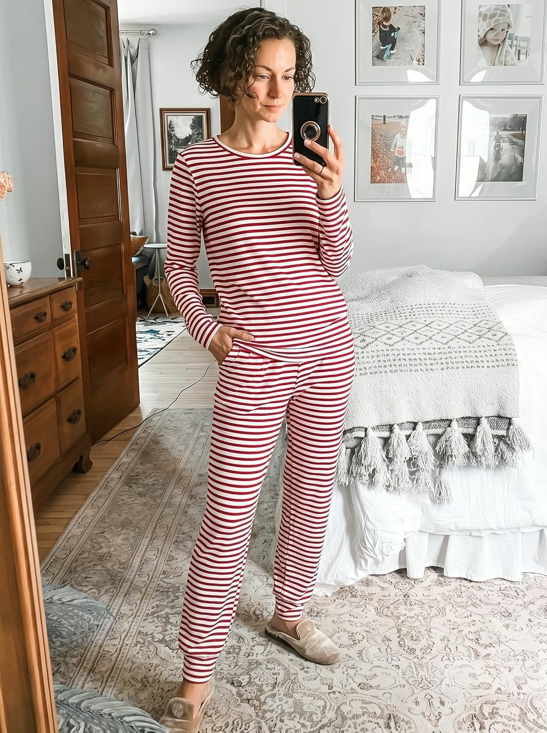 image:imageEkouaer Womens Jogger Pajama Sets Long Sleeve Sleepwear Lounge Sets XSXXLRed Stripes