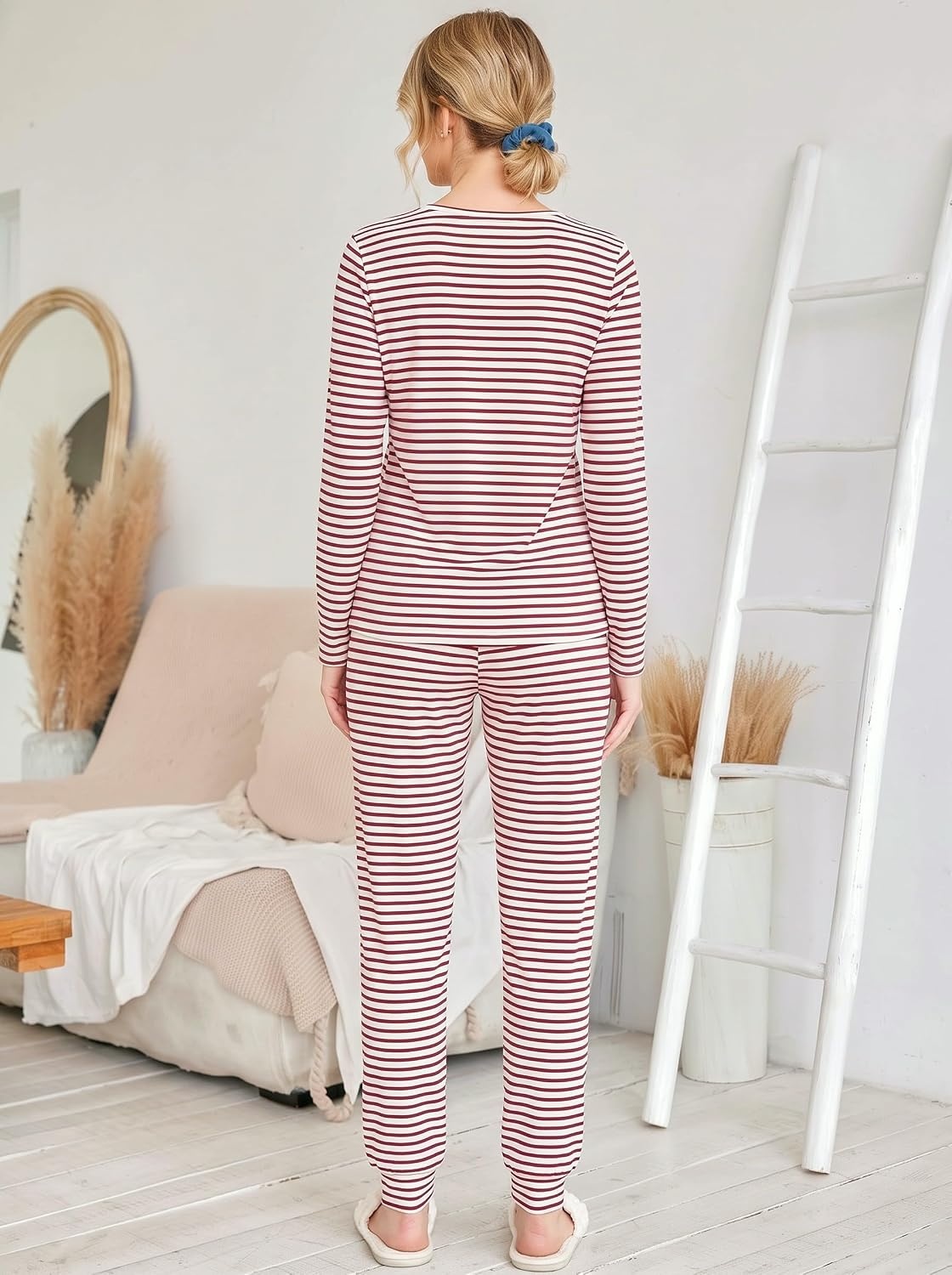 image:imageEkouaer Womens Jogger Pajama Sets Long Sleeve Sleepwear Lounge Sets XSXXLRed Stripes