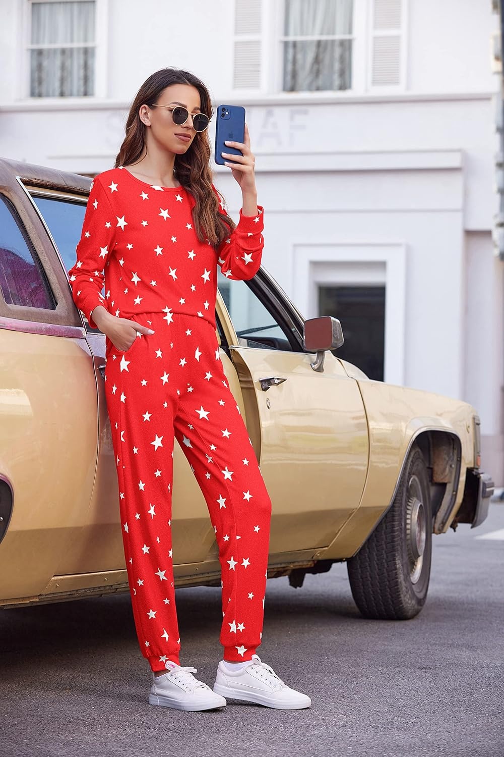 image:imageEkouaer Womens Jogger Pajama Sets Long Sleeve Sleepwear Lounge Sets XSXXLRed and White Star