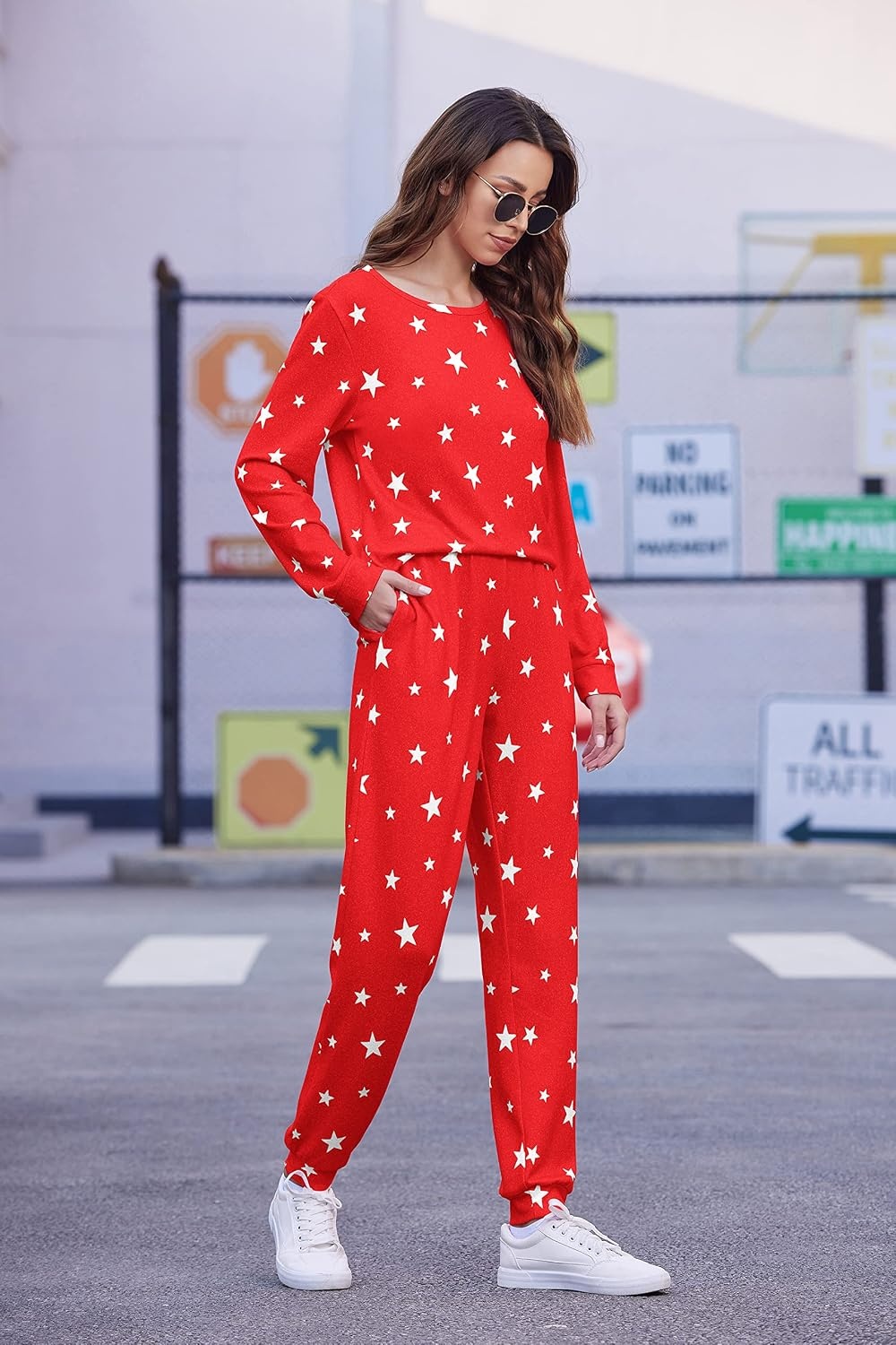 image:imageEkouaer Womens Jogger Pajama Sets Long Sleeve Sleepwear Lounge Sets XSXXLRed and White Star