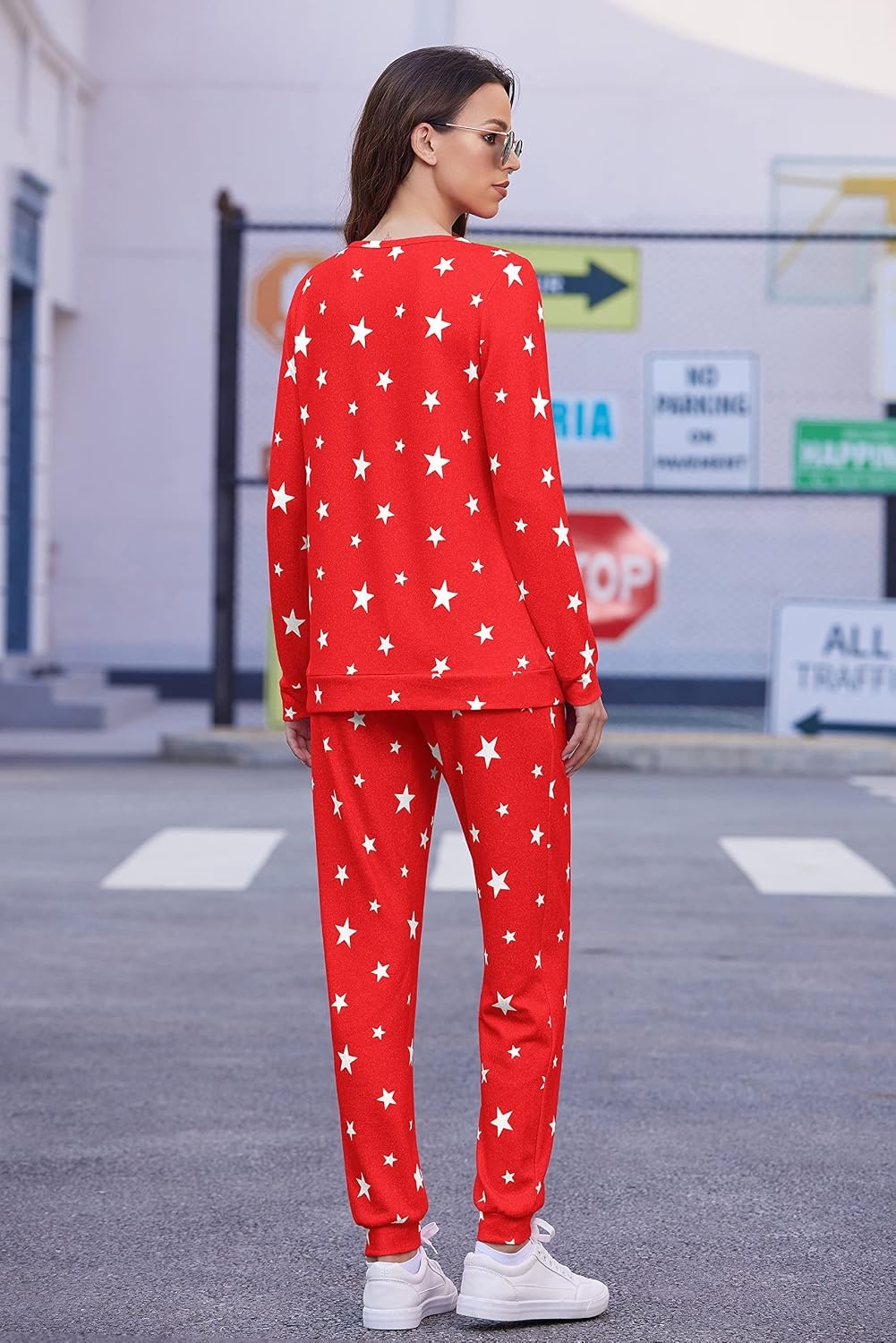 image:imageEkouaer Womens Jogger Pajama Sets Long Sleeve Sleepwear Lounge Sets XSXXLRed and White Star