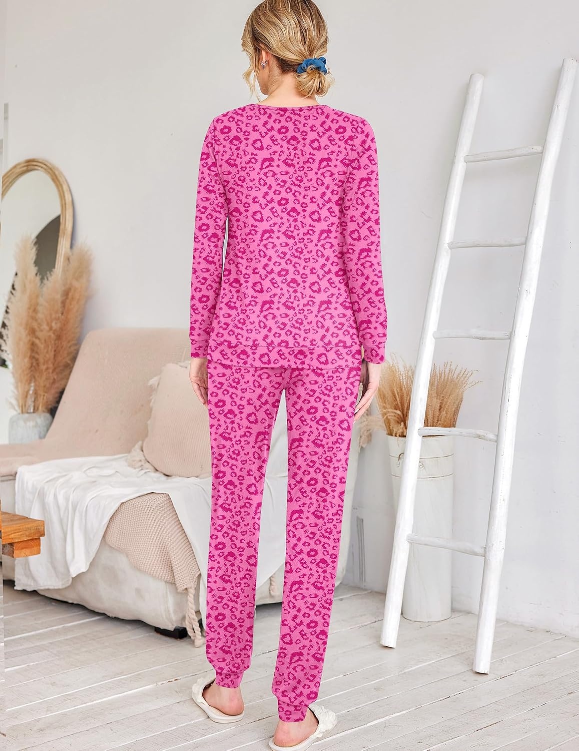 image:imageEkouaer Womens Jogger Pajama Sets Long Sleeve Sleepwear Lounge Sets XSXXLRose Red Leopard Print