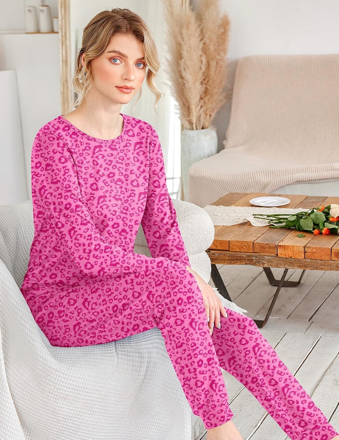 image:imageEkouaer Womens Jogger Pajama Sets Long Sleeve Sleepwear Lounge Sets XSXXLRose Red Leopard Print