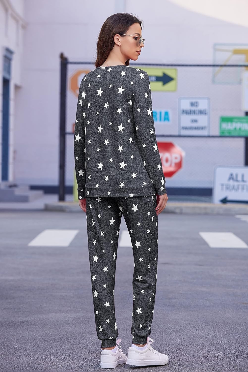 image:imageEkouaer Womens Jogger Pajama Sets Long Sleeve Sleepwear Lounge Sets XSXXLSpace Dye Grey White Star