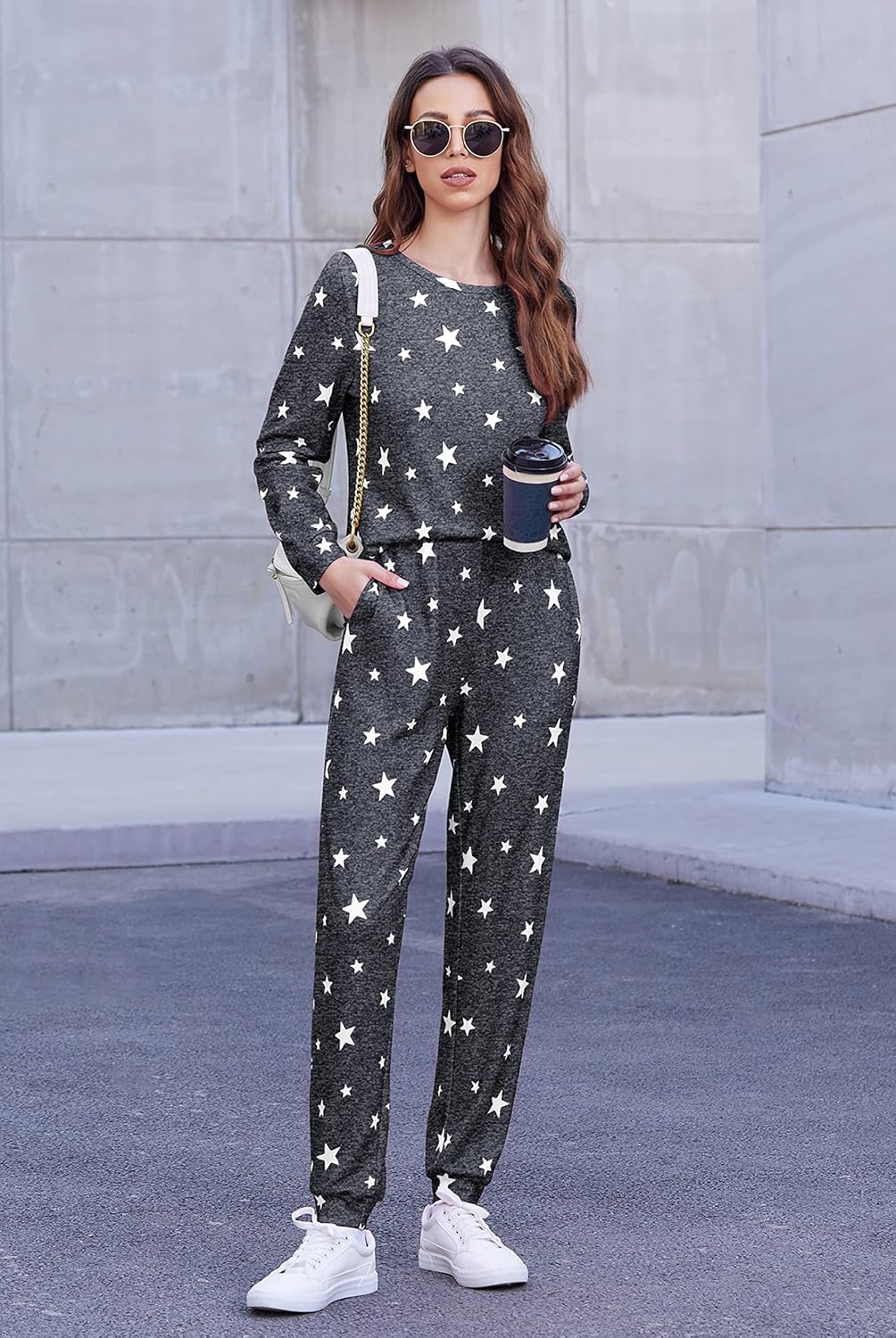 image:imageEkouaer Womens Jogger Pajama Sets Long Sleeve Sleepwear Lounge Sets XSXXLSpace Dye Grey White Star