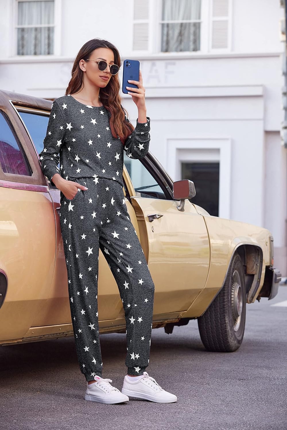 image:imageEkouaer Womens Jogger Pajama Sets Long Sleeve Sleepwear Lounge Sets XSXXLSpace Dye Grey White Star
