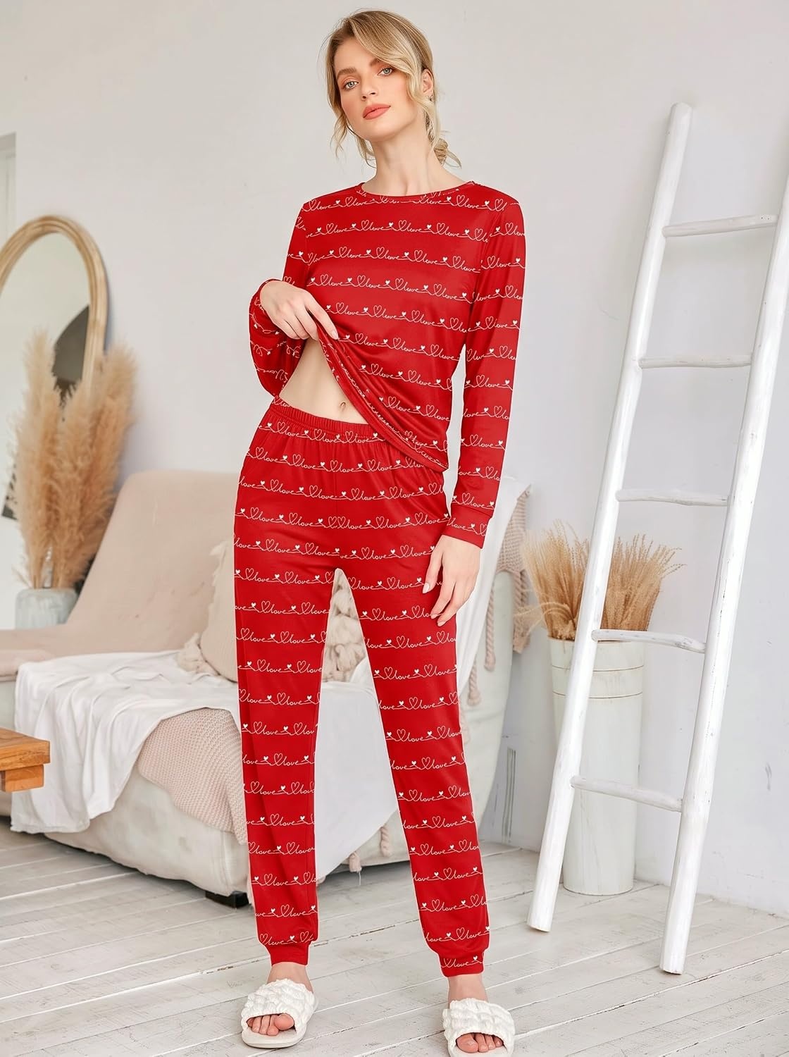 image:imageEkouaer Womens Jogger Pajama Sets Long Sleeve Sleepwear Lounge Sets XSXXLValentine Red Love Print