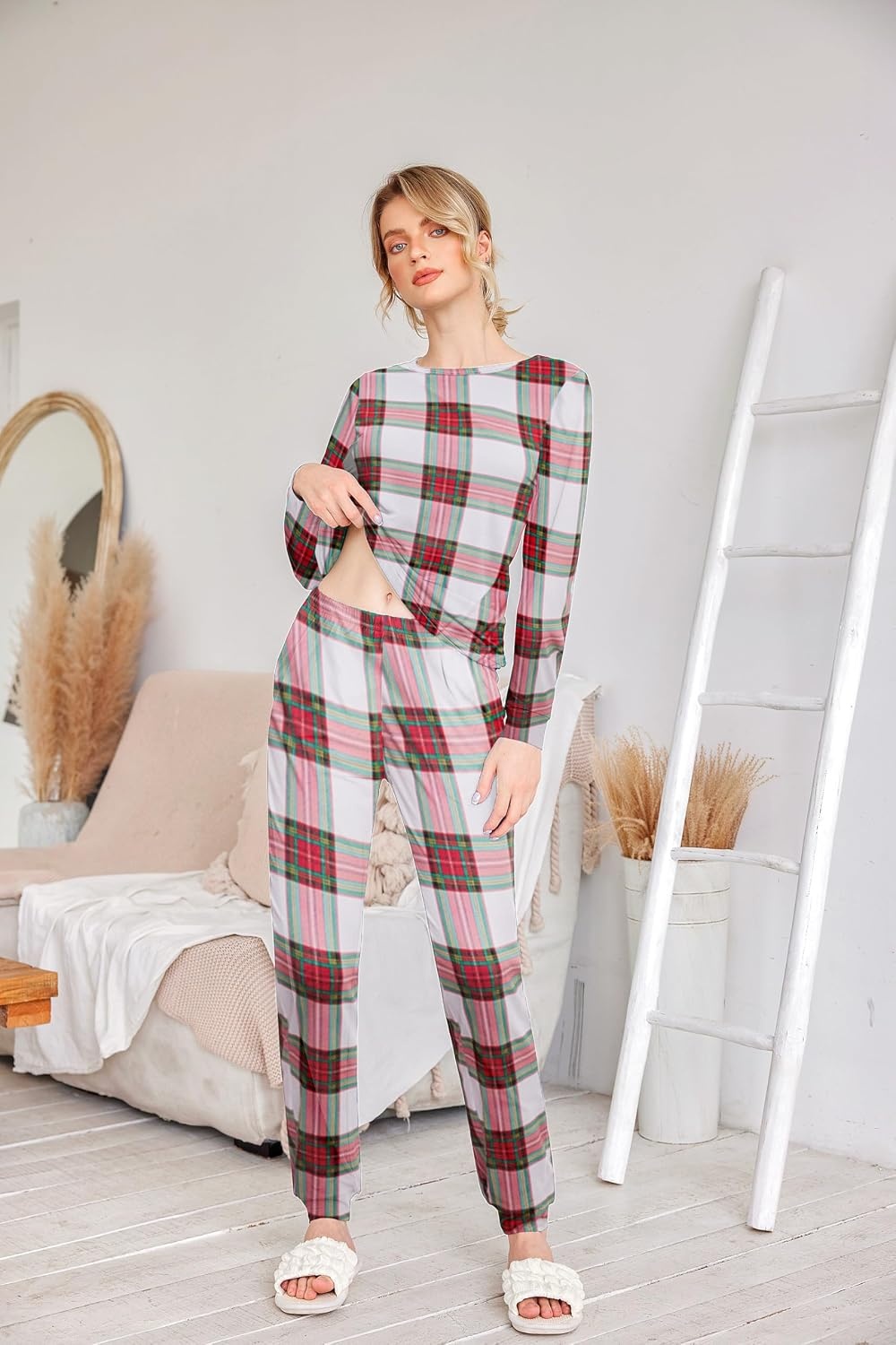 image:imageEkouaer Womens Jogger Pajama Sets Long Sleeve Sleepwear Lounge Sets XSXXLWhite Red Green Plaid