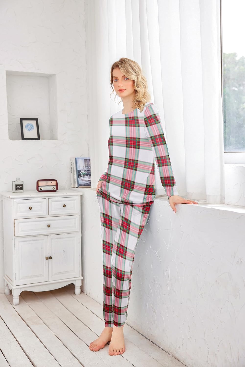 image:imageEkouaer Womens Jogger Pajama Sets Long Sleeve Sleepwear Lounge Sets XSXXLWhite Red Green Plaid