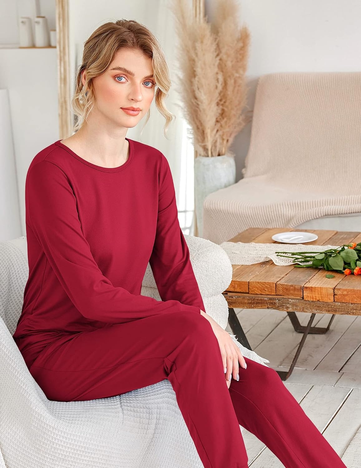 image:imageEkouaer Womens Jogger Pajama Sets Long Sleeve Sleepwear Lounge Sets XSXXLWine Red