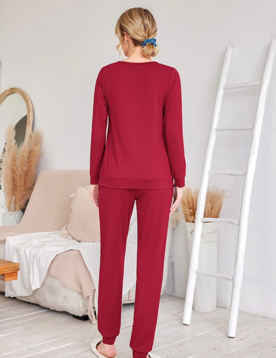image:imageEkouaer Womens Jogger Pajama Sets Long Sleeve Sleepwear Lounge Sets XSXXLWine Red
