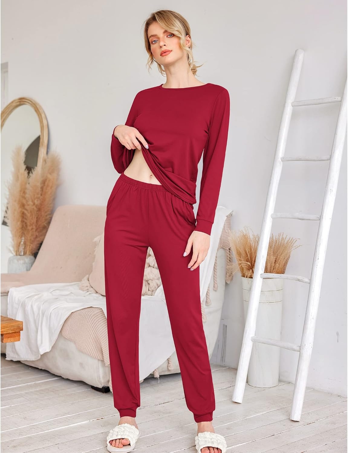 image:imageEkouaer Womens Jogger Pajama Sets Long Sleeve Sleepwear Lounge Sets XSXXLWine Red