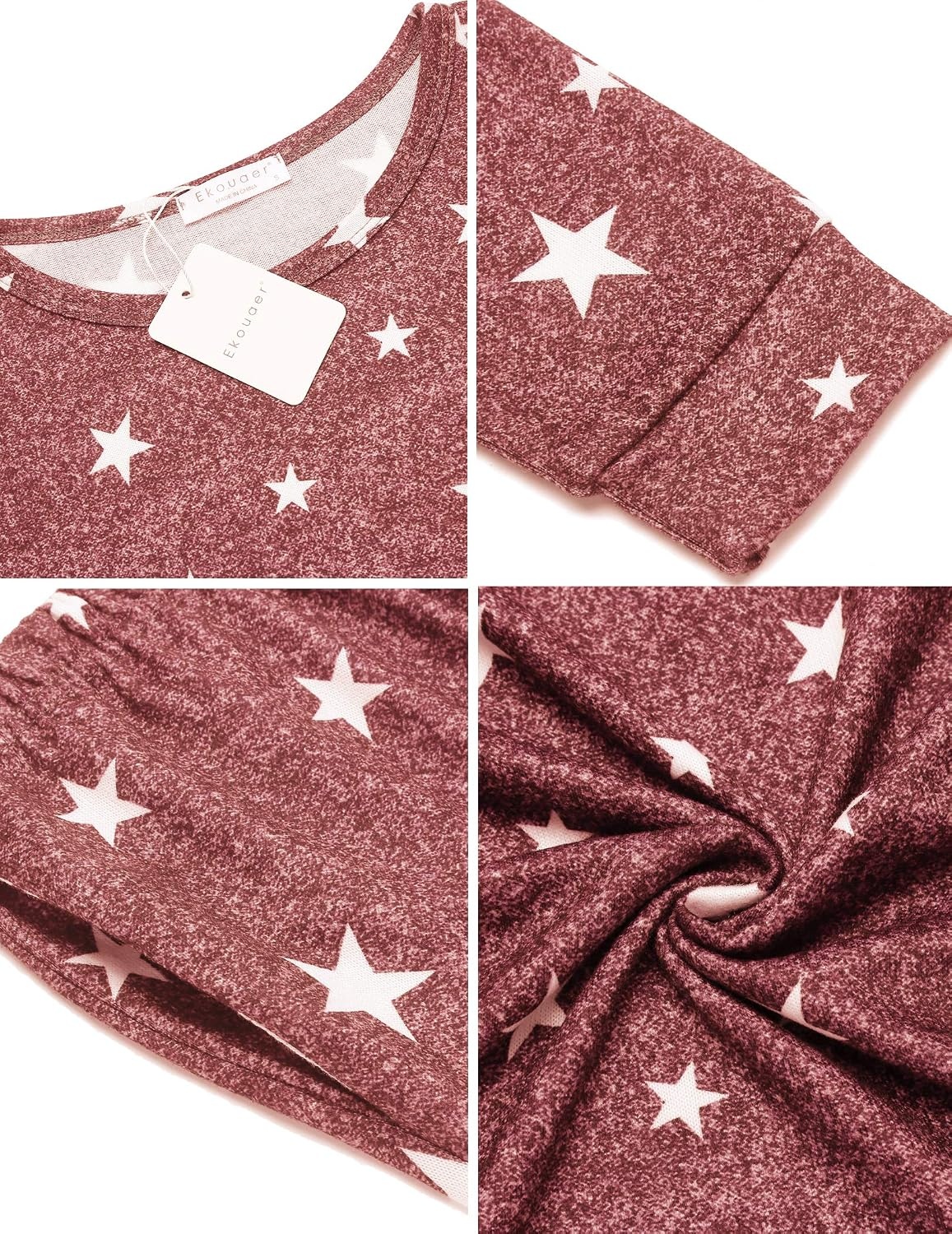 image:imageEkouaer Womens Jogger Pajama Sets Long Sleeve Sleepwear Lounge Sets XSXXLWine Red White Star