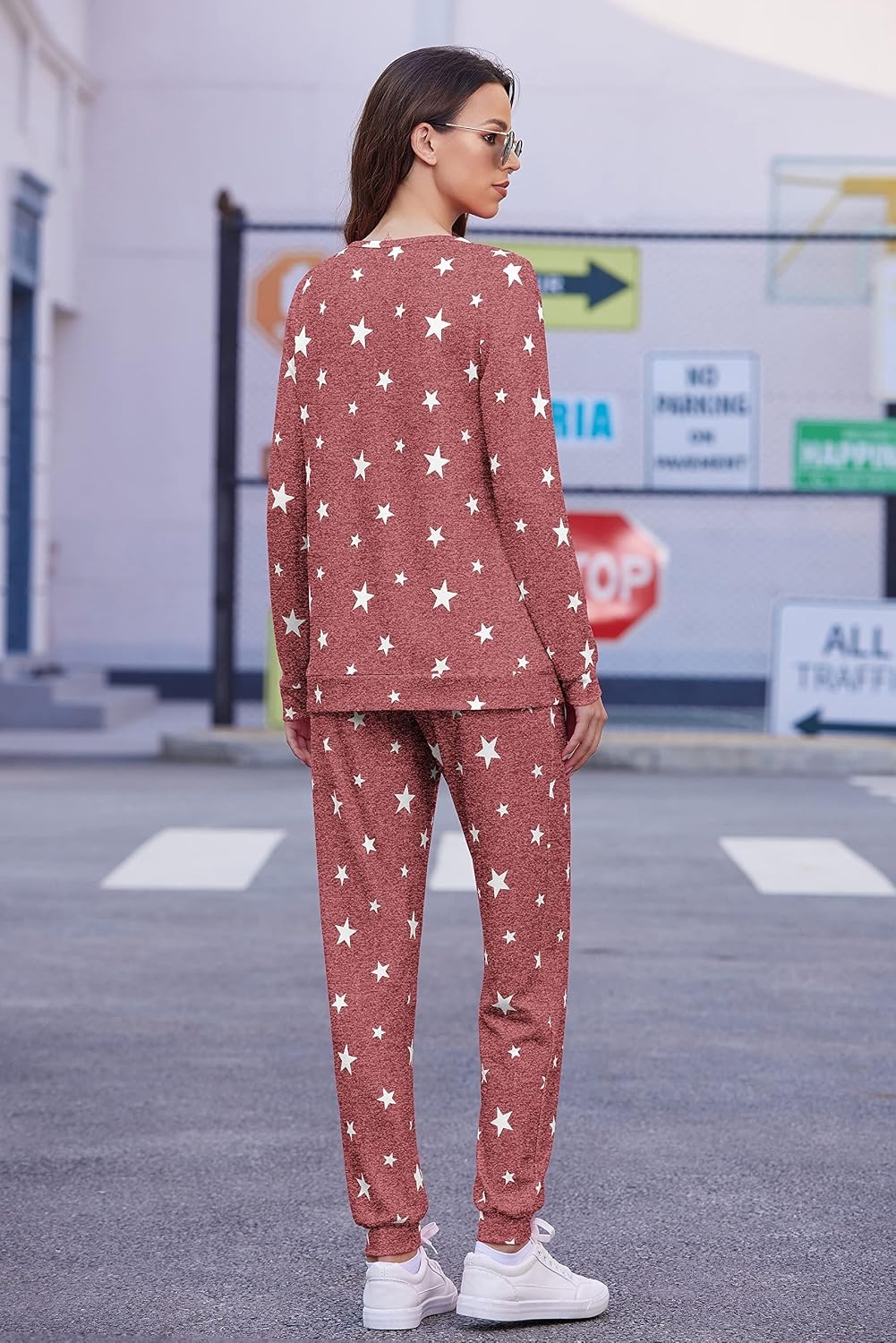 image:imageEkouaer Womens Jogger Pajama Sets Long Sleeve Sleepwear Lounge Sets XSXXLWine Red White Star