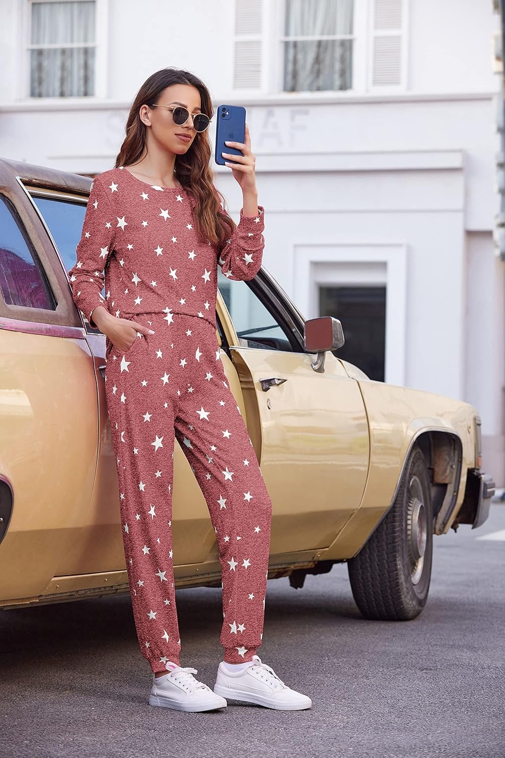image:imageEkouaer Womens Jogger Pajama Sets Long Sleeve Sleepwear Lounge Sets XSXXLWine Red White Star
