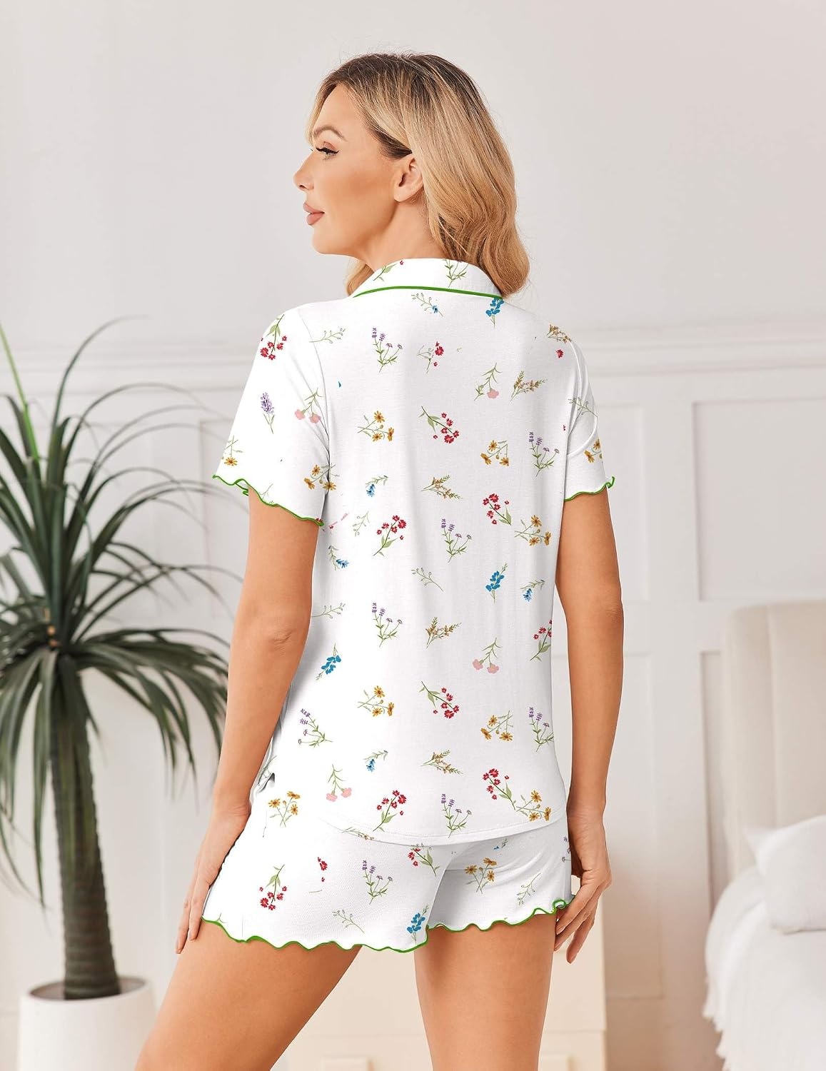 image:imageEkouaer Womens Pajama Sets Bamboo Viscose Button Up Pjs 2 Piece Lounge SetWhite Floral