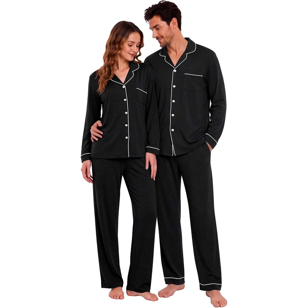 image:imageEkouaer Matching Pajamas for Couples Long Sleeve Pjs Set Cozy LoungewearBlack