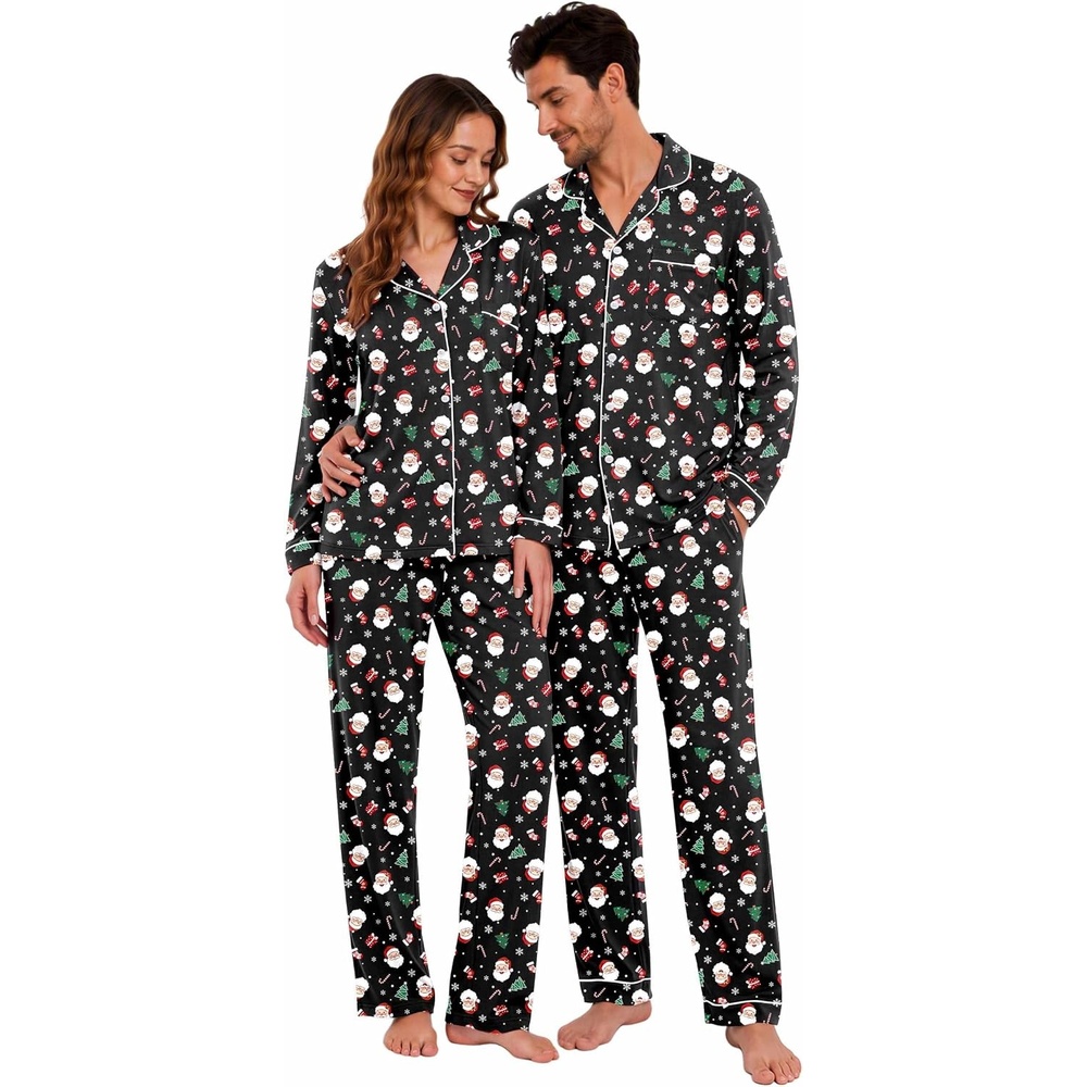 image:imageEkouaer Matching Pajamas for Couples Long Sleeve Pjs Set Cozy LoungewearChristmas Black Santa