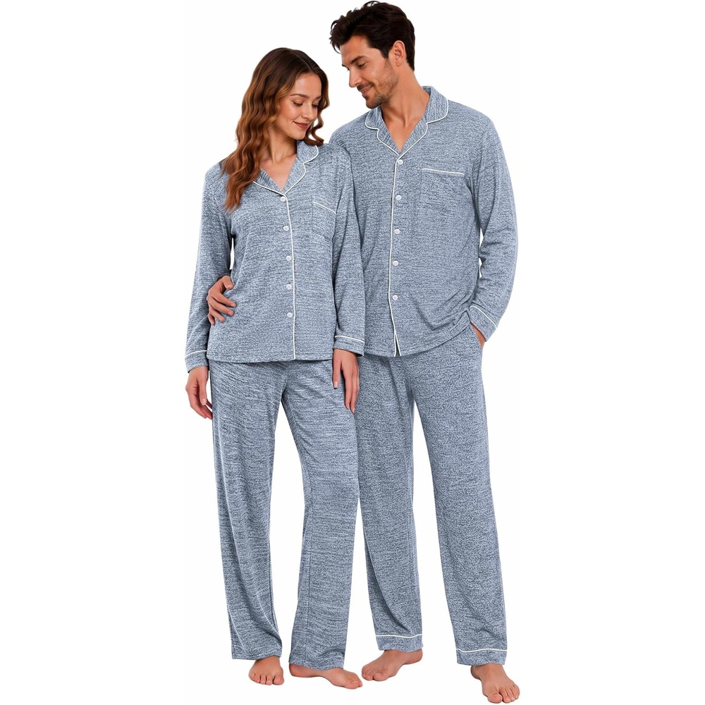 image:imageEkouaer Matching Pajamas for Couples Long Sleeve Pjs Set Cozy LoungewearLight Blue