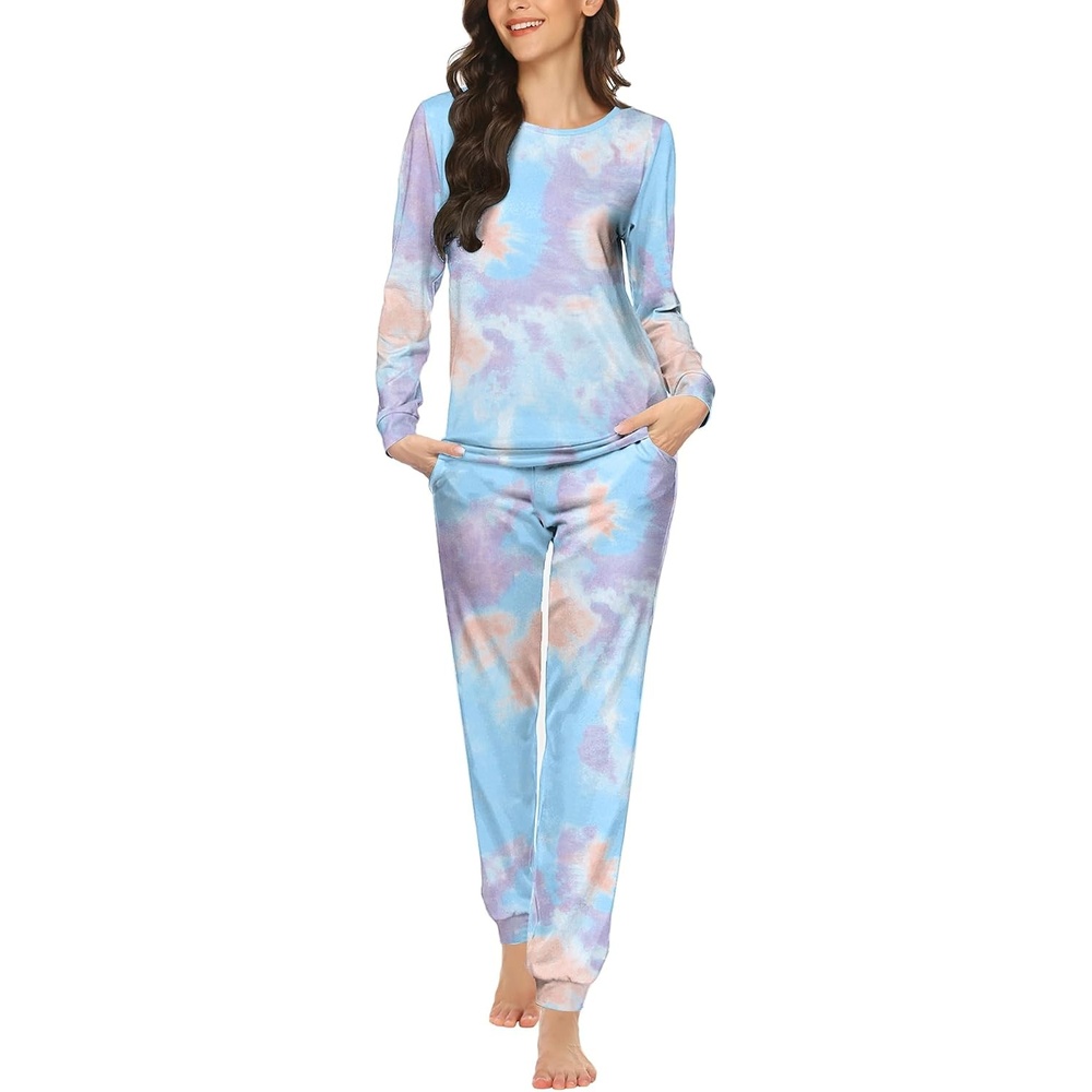 image:imageEkouaer Womens Jogger Pajama Sets Long Sleeve Sleepwear Lounge Sets XSXXLBlue Tye Die