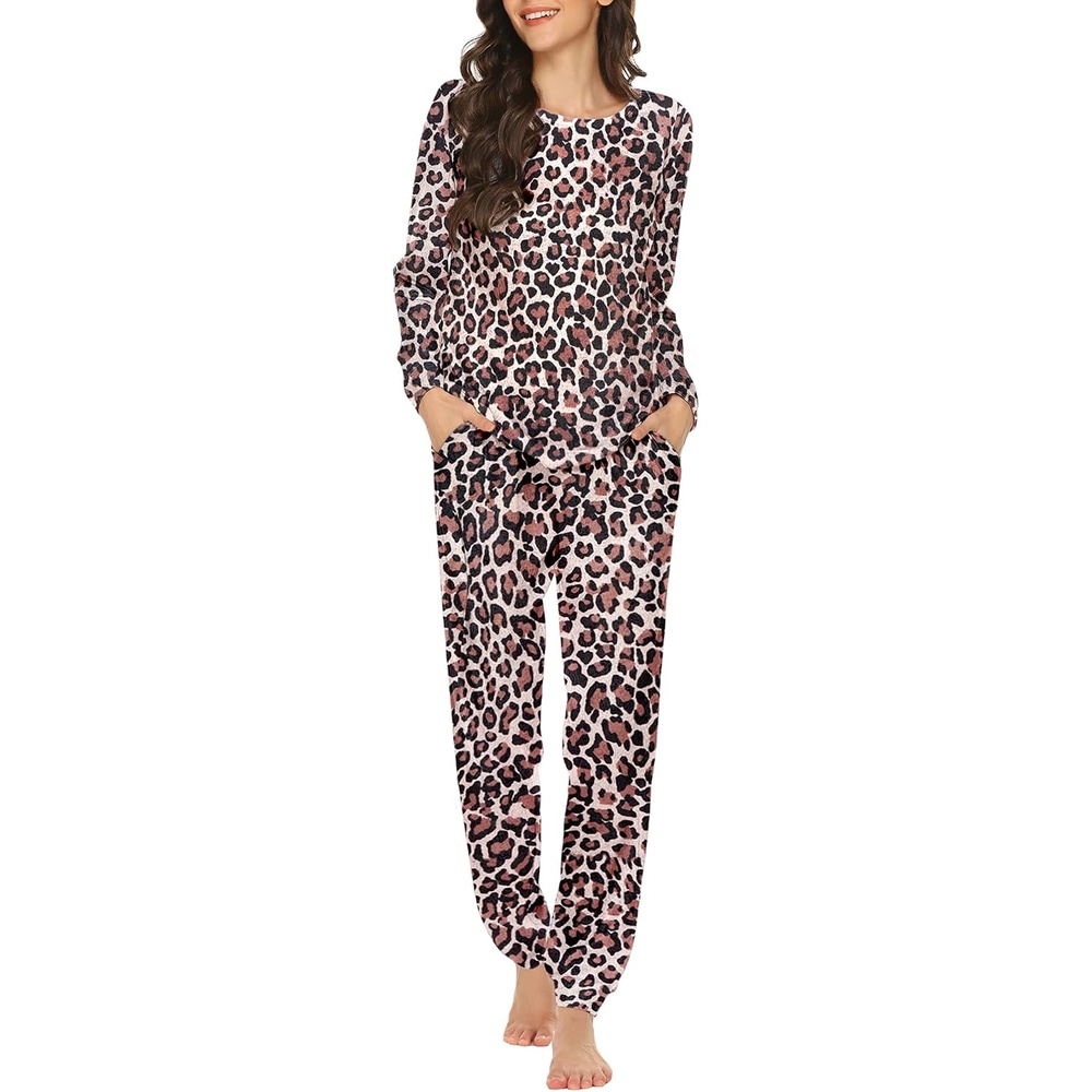 image:imageEkouaer Womens Jogger Pajama Sets Long Sleeve Sleepwear Lounge Sets XSXXLBrown Leopard