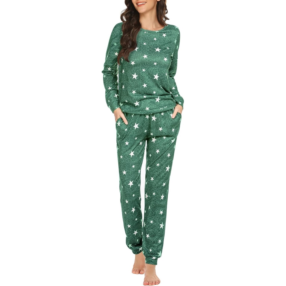 image:imageEkouaer Womens Jogger Pajama Sets Long Sleeve Sleepwear Lounge Sets XSXXLGreen White Star