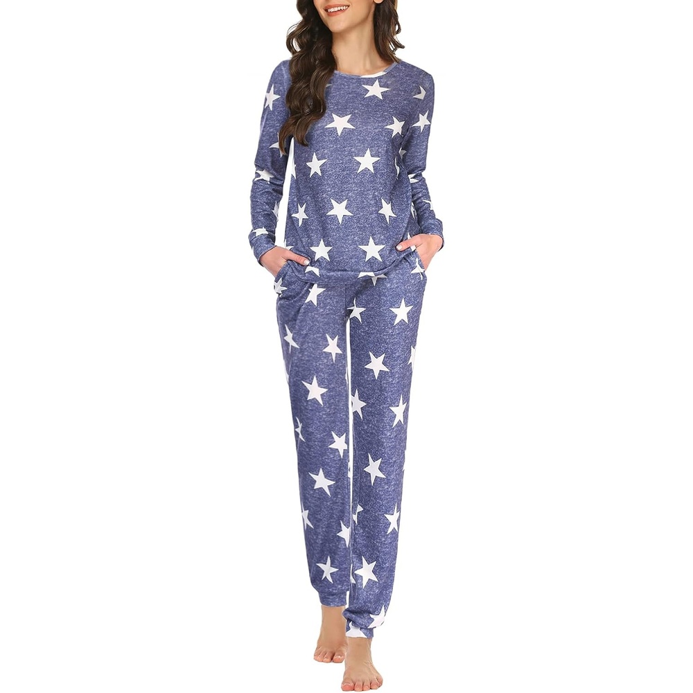 image:imageEkouaer Womens Jogger Pajama Sets Long Sleeve Sleepwear Lounge Sets XSXXLLong Blue White Star