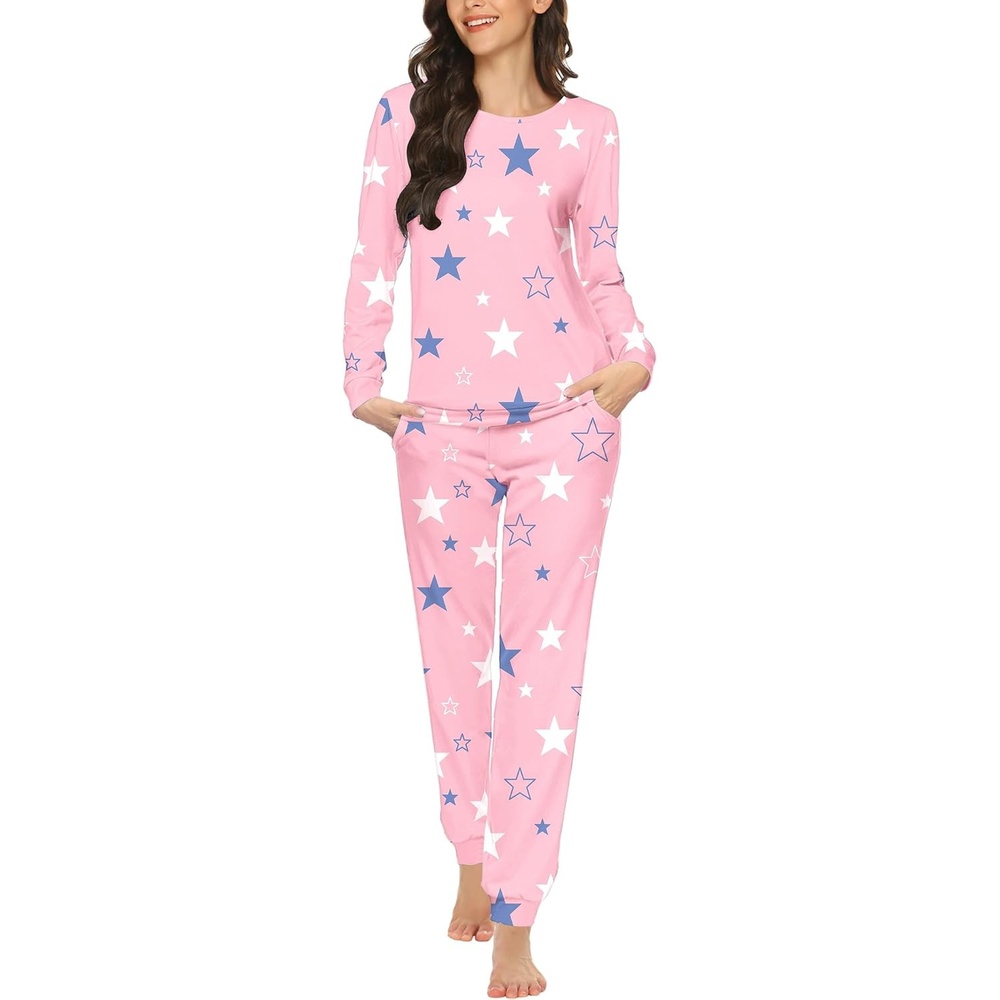 image:imageEkouaer Womens Jogger Pajama Sets Long Sleeve Sleepwear Lounge Sets XSXXLPink Stars