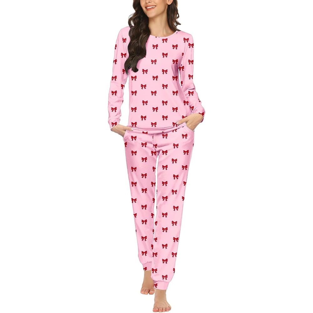 image:imageEkouaer Womens Jogger Pajama Sets Long Sleeve Sleepwear Lounge Sets XSXXLRed Bow Print