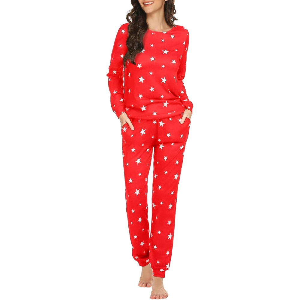 image:imageEkouaer Womens Jogger Pajama Sets Long Sleeve Sleepwear Lounge Sets XSXXLRed and White Star