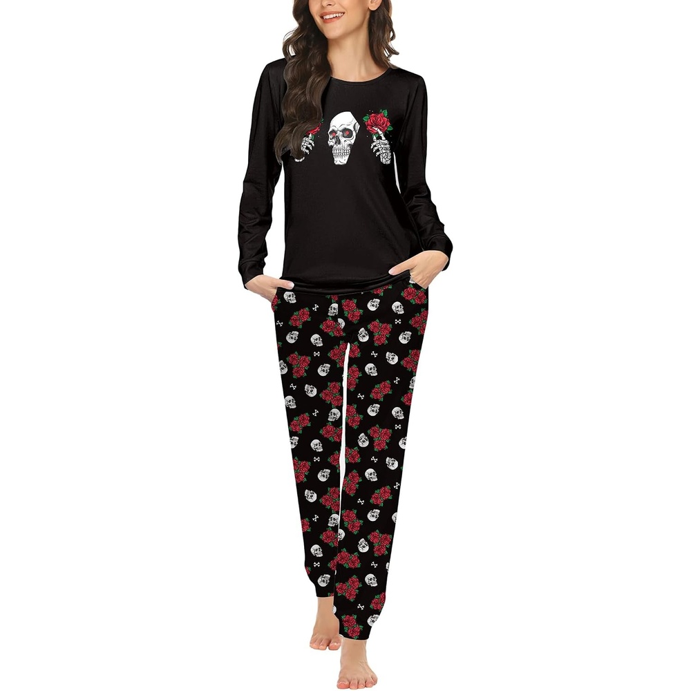 image:imageEkouaer Womens Jogger Pajama Sets Long Sleeve Sleepwear Lounge Sets XSXXLSkull Floral Graphic