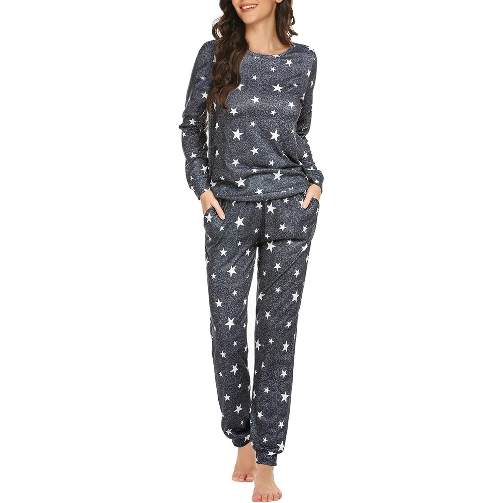 image:imageEkouaer Womens Jogger Pajama Sets Long Sleeve Sleepwear Lounge Sets XSXXLSpace Dye Grey White Star