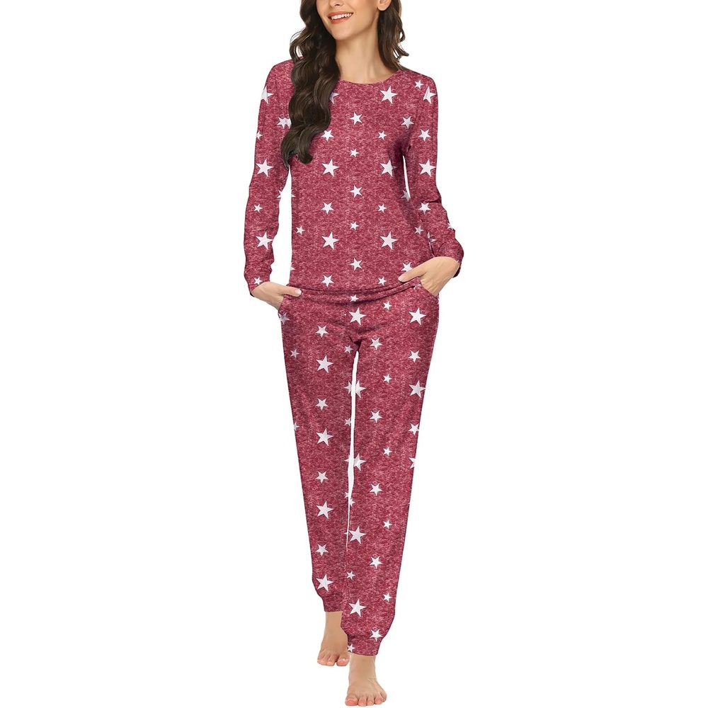 image:imageEkouaer Womens Jogger Pajama Sets Long Sleeve Sleepwear Lounge Sets XSXXLWine Red Stars