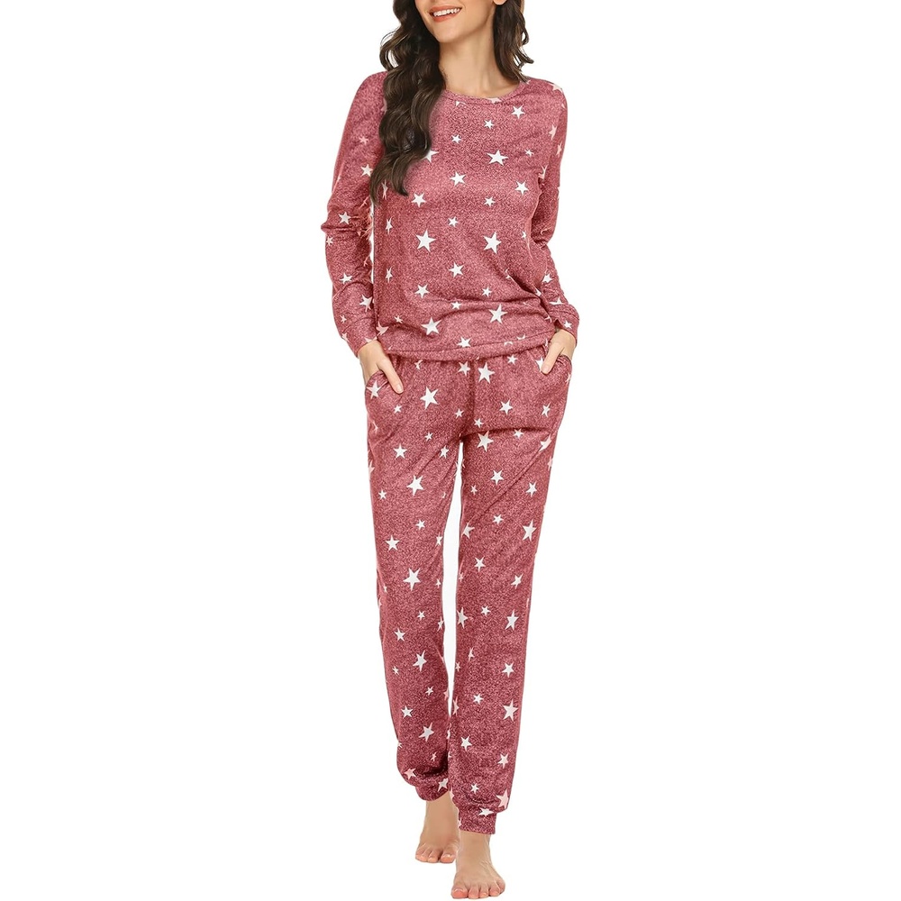 image:imageEkouaer Womens Jogger Pajama Sets Long Sleeve Sleepwear Lounge Sets XSXXLWine Red White Star