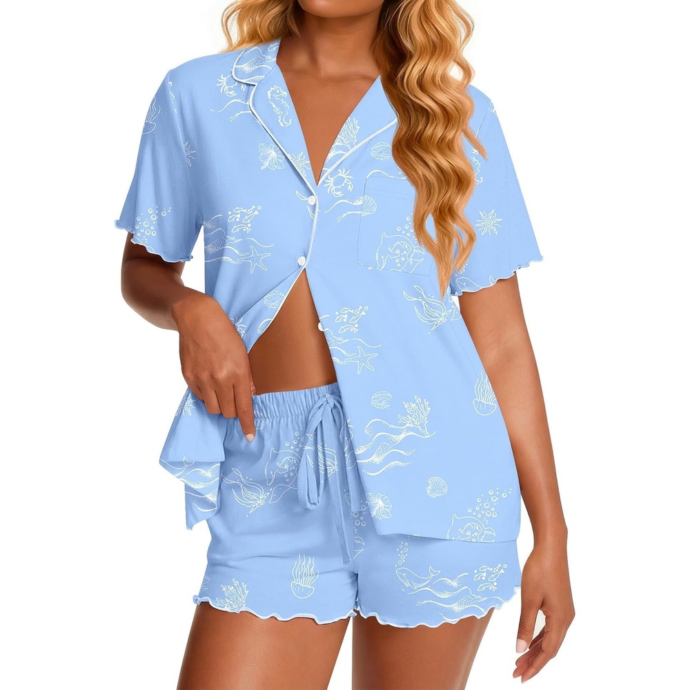 image:imageEkouaer Womens Pajama Sets Bamboo Viscose Button Up Pjs 2 Piece Lounge SetOcean Blue