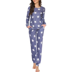 Ekouaer Womens Jogger Pajama Sets Long Sleeve Sleepwear Lounge Sets XS-XXL(Long Blue White Star)