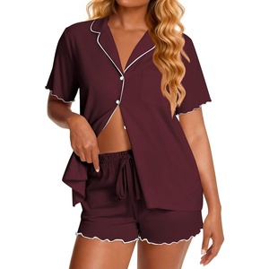 Ekouaer Womens Pajama Sets Bamboo Viscose Button Up Pjs 2 Piece Lounge Set(Dark Red)